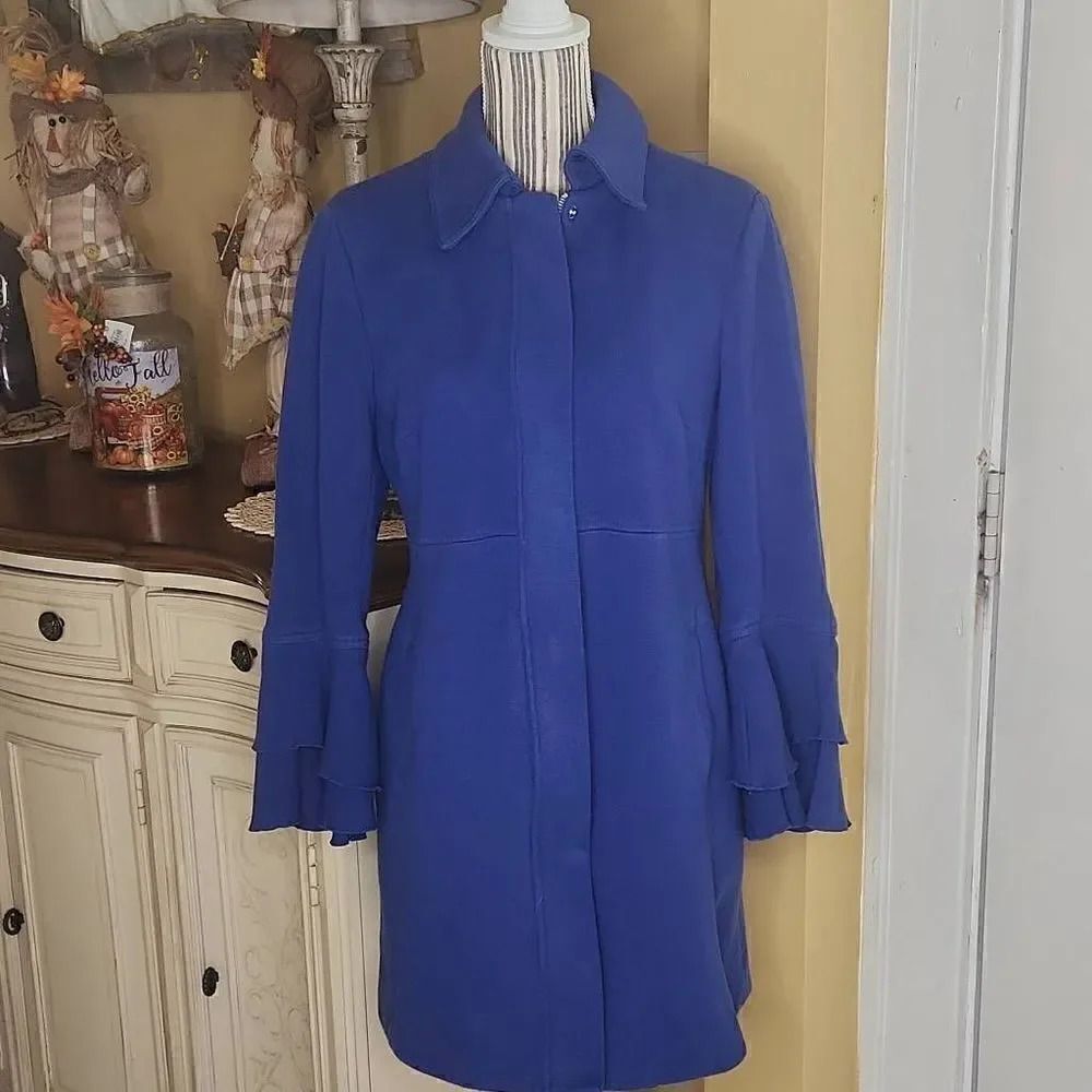 INC international concepts blue coat ruffle sleeves women's size Large